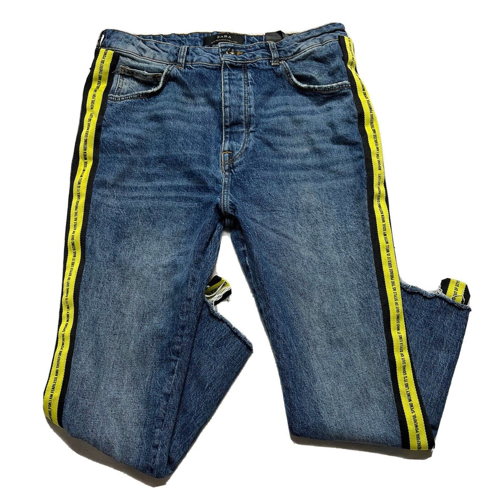 Zara Blue Skinny Jeans with Yellow Stripes